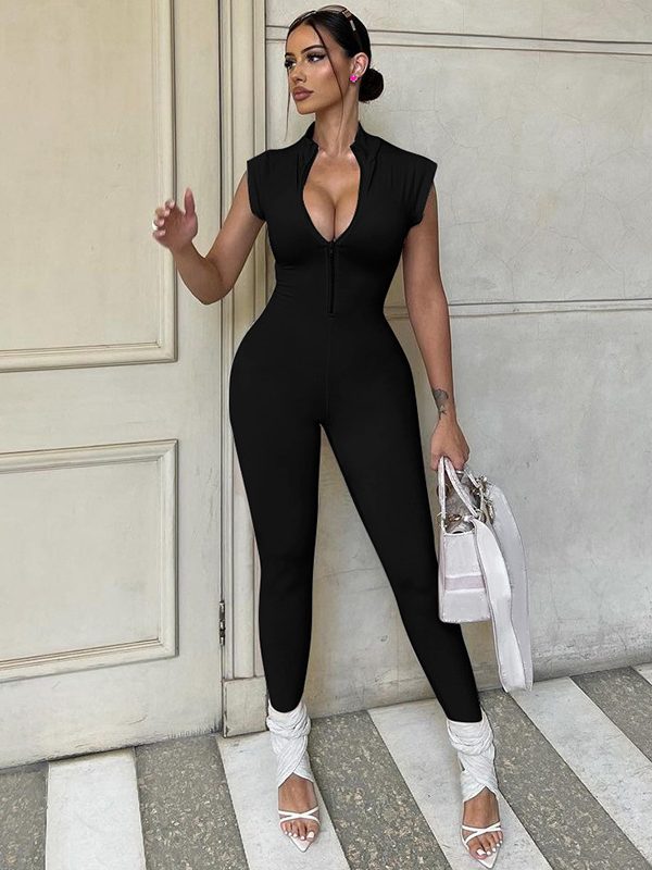 Summer Sexy Chest Zipper Tight Fitting Solid Color Jumpsuit in Jumpsuits & Rompers