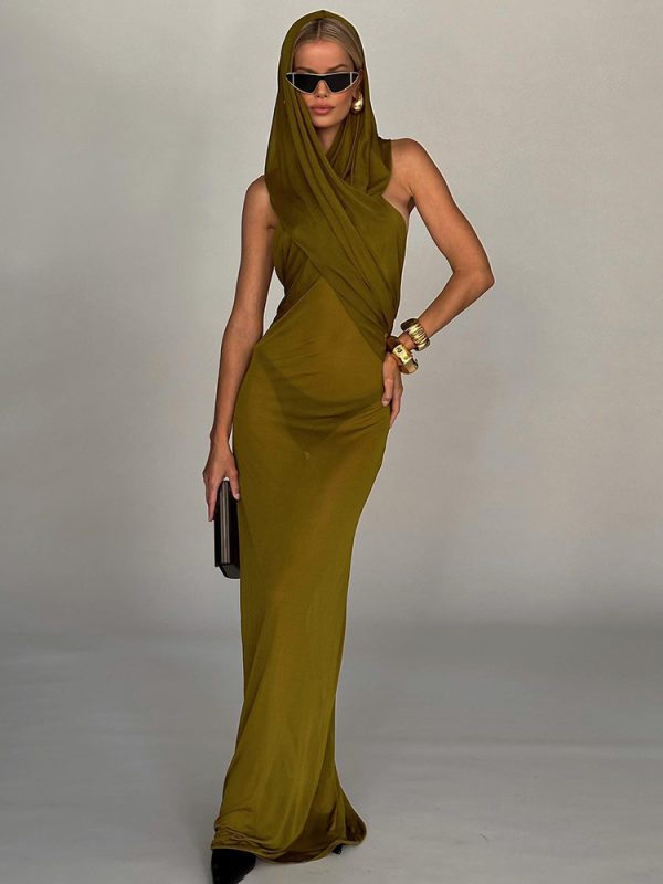 Autumn Winter Turmeric Hooded Tulle Sexy Backless Cross Two Way Wear Dress in Dresses