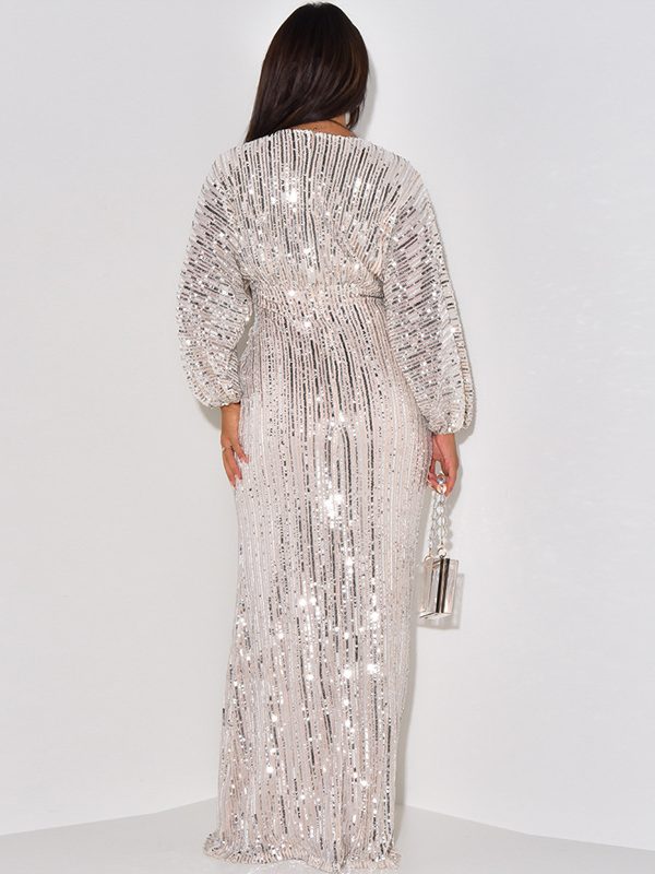 Sequined Long Sleeve V Neck Sexy Sequin Maxi Dress in Dresses