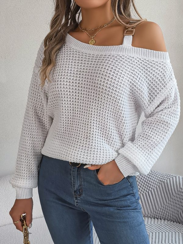 Metal Buckle Patchwork Cold-Shoulder Lantern Sleeve Pullover Sweater in Sweaters