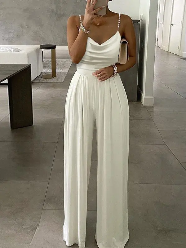 Pearl Suspender Wide Leg Sleeveless V-neck Backless Trousers Jumpsuit in Jumpsuits & Rompers