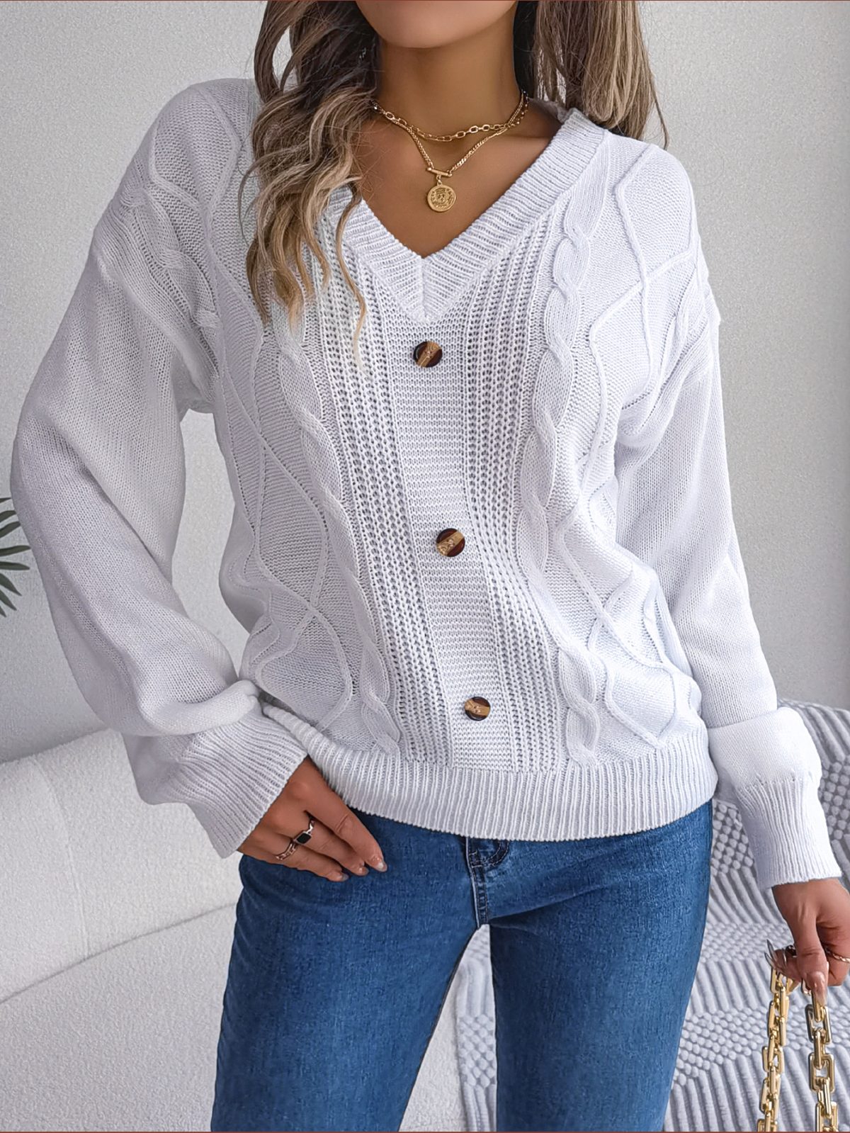 Solid Color V neck Buttons Twist Lantern Sleeve Pullover Sweater in Sweaters