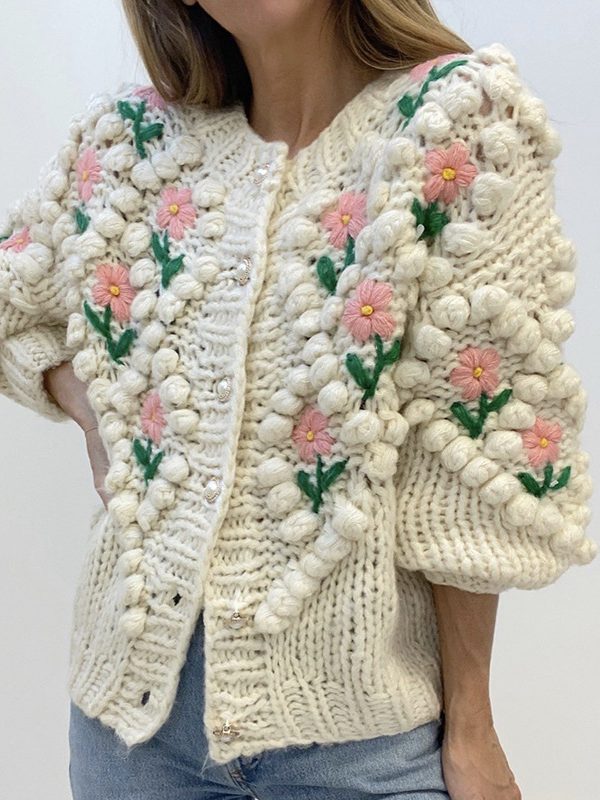 Handmade Crocheted Embroidery Twist Pearl Buckle Knitted Sweater in Sweaters