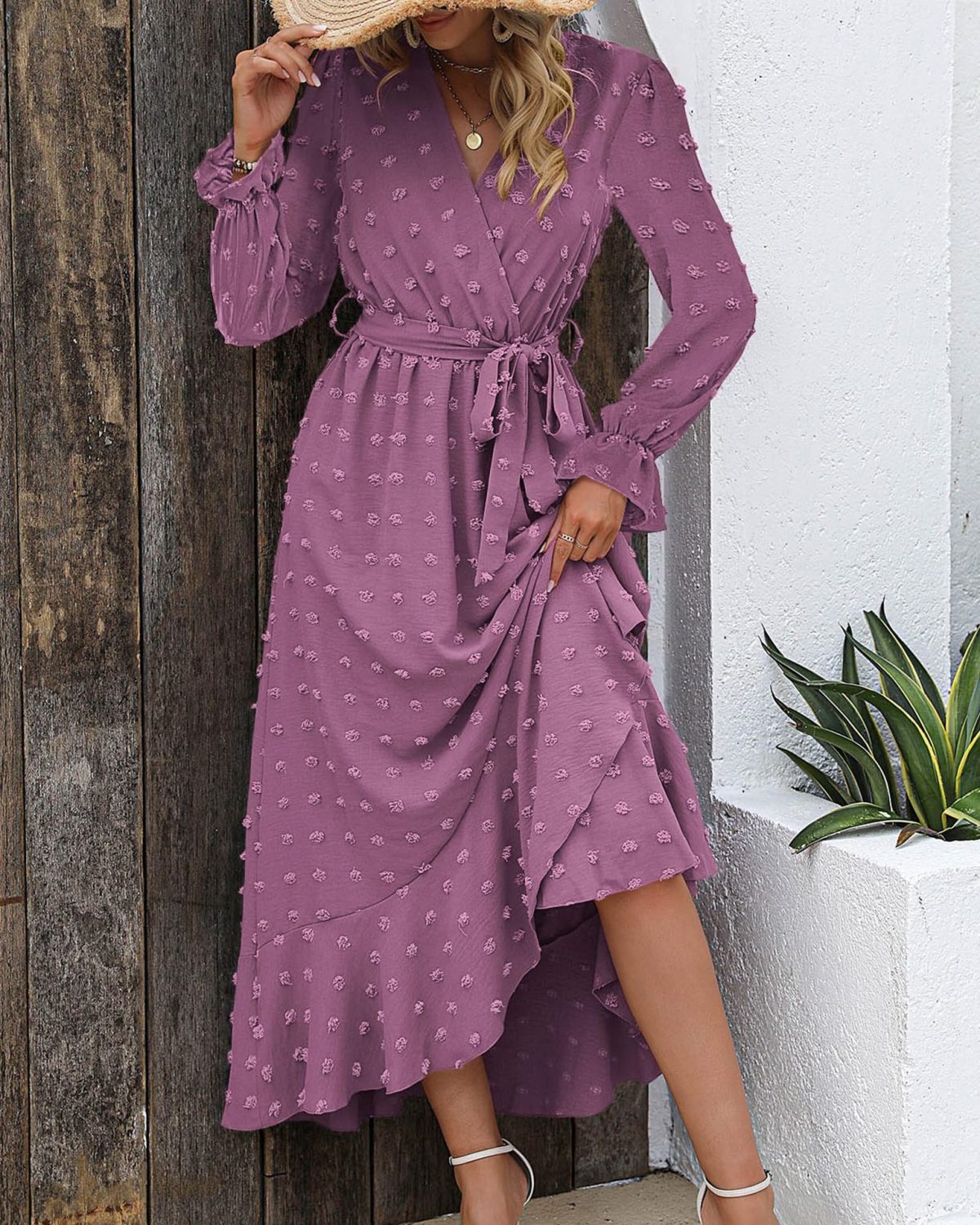 Swiss Polka Dot Long Sleeve Streamlined Party Dress in Dresses