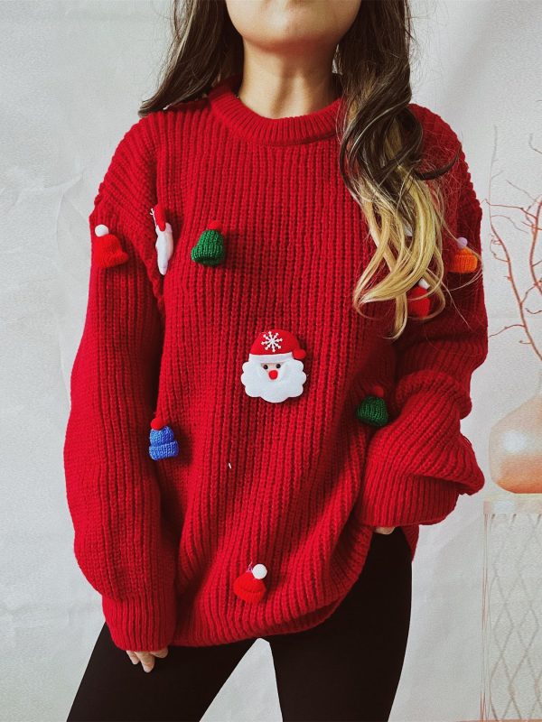 Sweater Cute Santa Claus Three Dimensional Decoration round Neck Long Sleeve Knitted Pullover in Sweaters