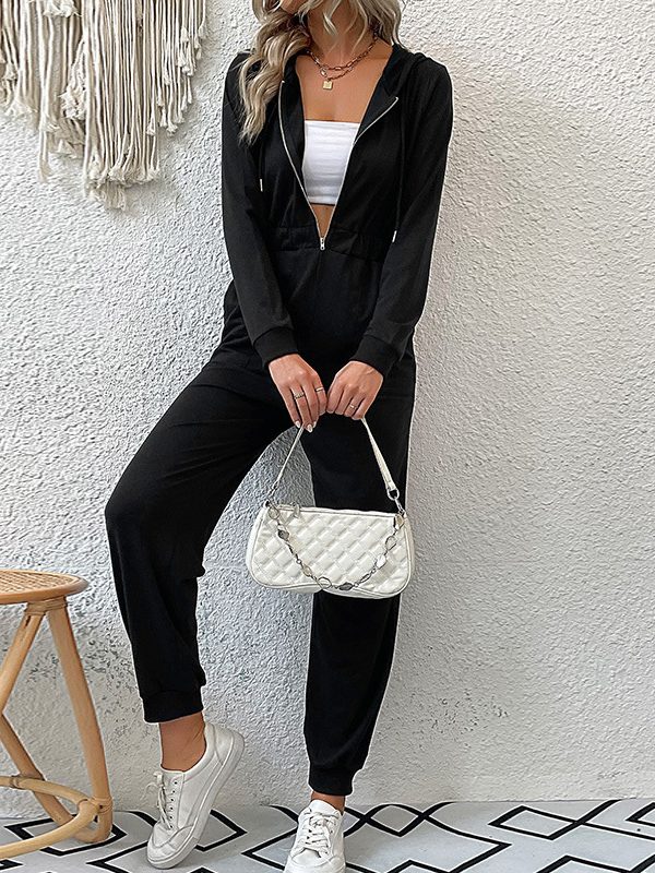 Hooded Long Sleeved Zipper Casual Sports Jumpsuit in Jumpsuits & Rompers