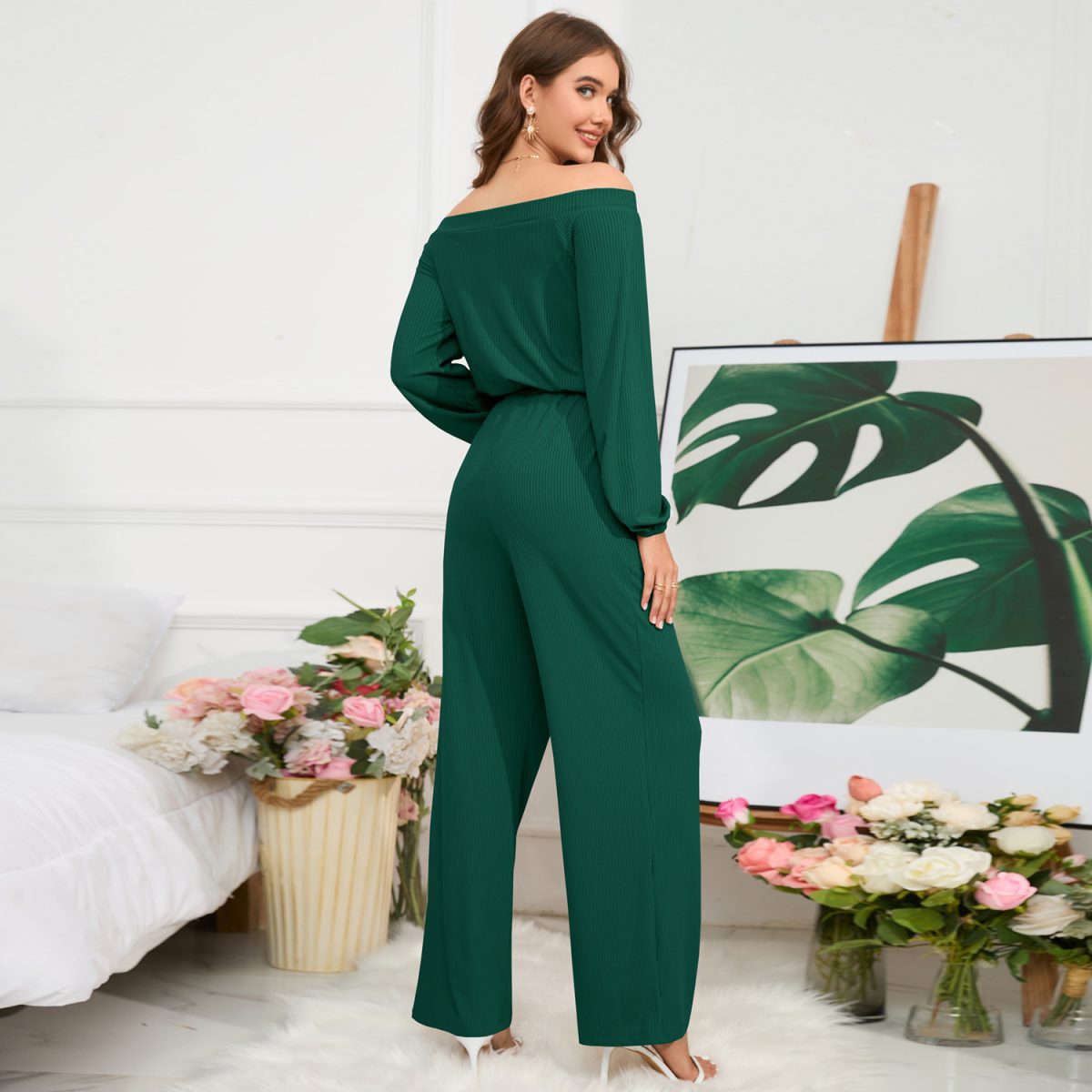 Casual Off Shoulder Long Sleeve Waist Slimming Jumpsuit in Jumpsuits & Rompers