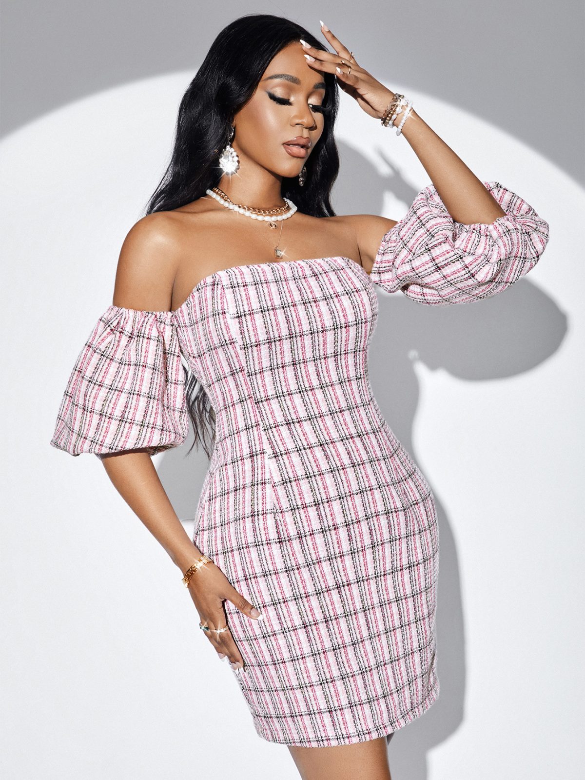 Casual Plaid Waist Tight Short Sleeve Tube Top Dress in Dresses