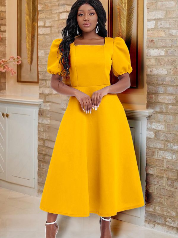 Summer Solid Color Square Collar Puff Sleeve Large Dress in Dresses