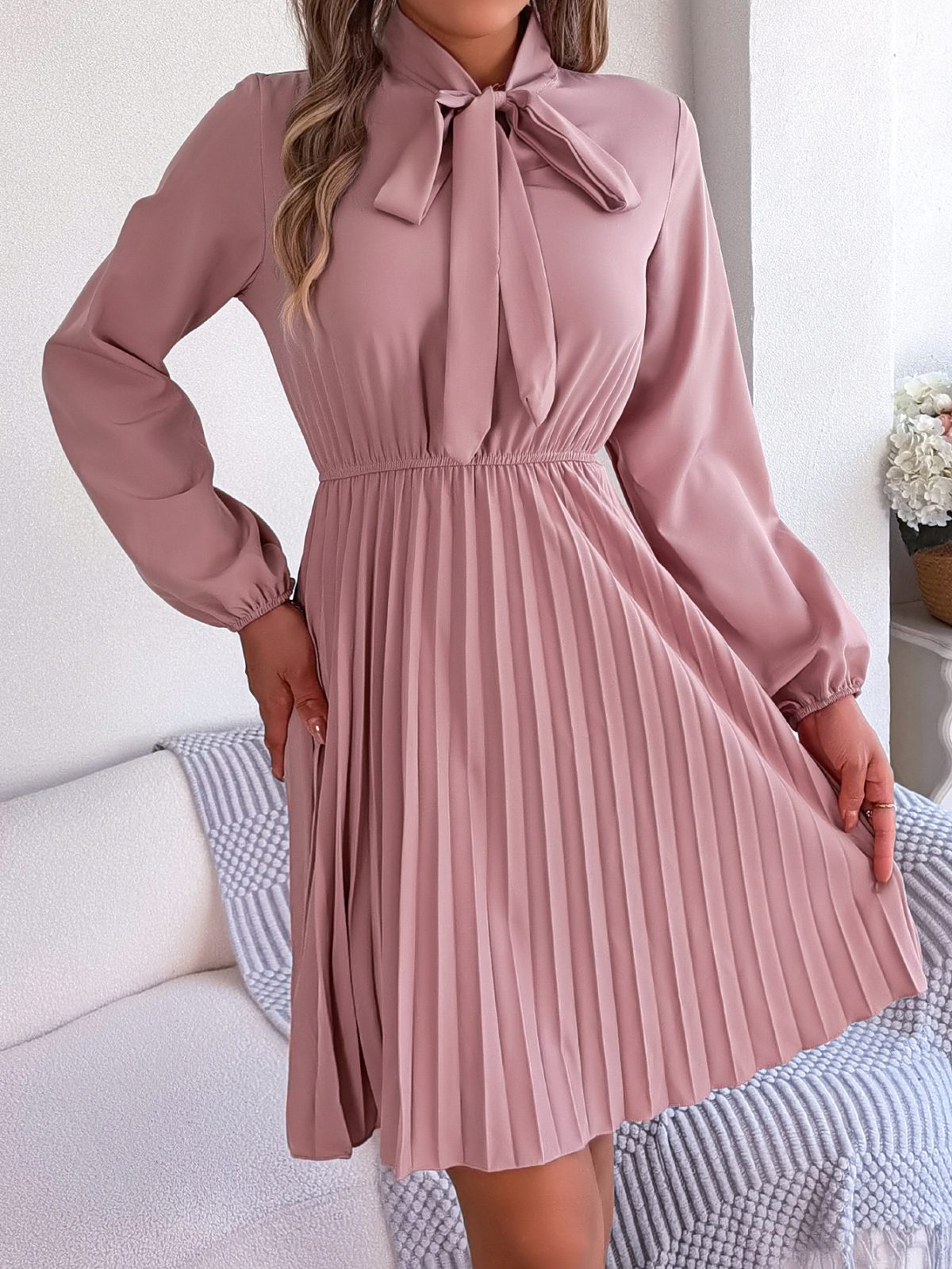 Elegant Tied Waist Controlled Long Sleeves Pleated Dress in Dresses