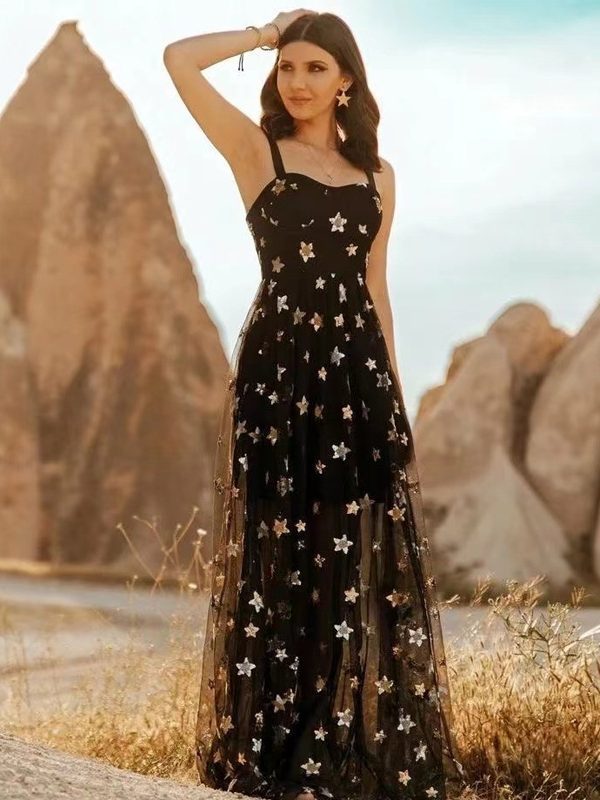 Five Pointed Star Mesh Camisole See Through Dress Maxi Dress in Dresses