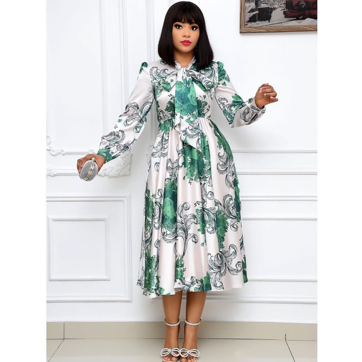Office Long Sleeve Digital Printed Lace up High Waist Mid Length African Dress in Dresses
