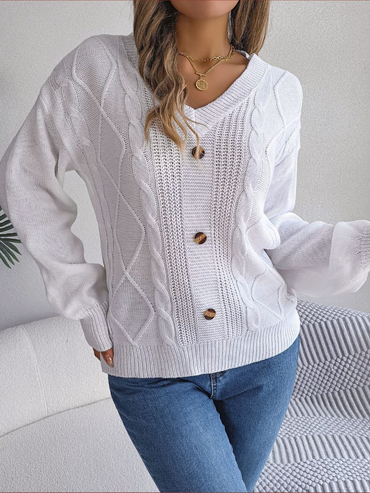 Solid Color V neck Buttons Twist Lantern Sleeve Pullover Sweater in Sweaters
