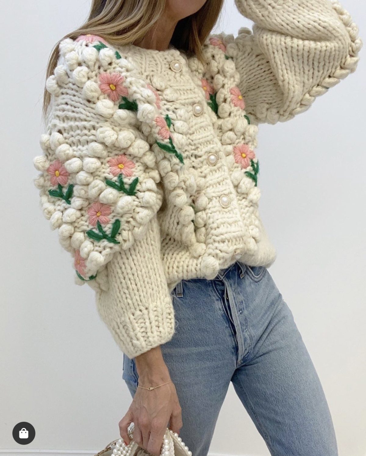 Handmade Crocheted Embroidery Twist Pearl Buckle Knitted Sweater in Sweaters