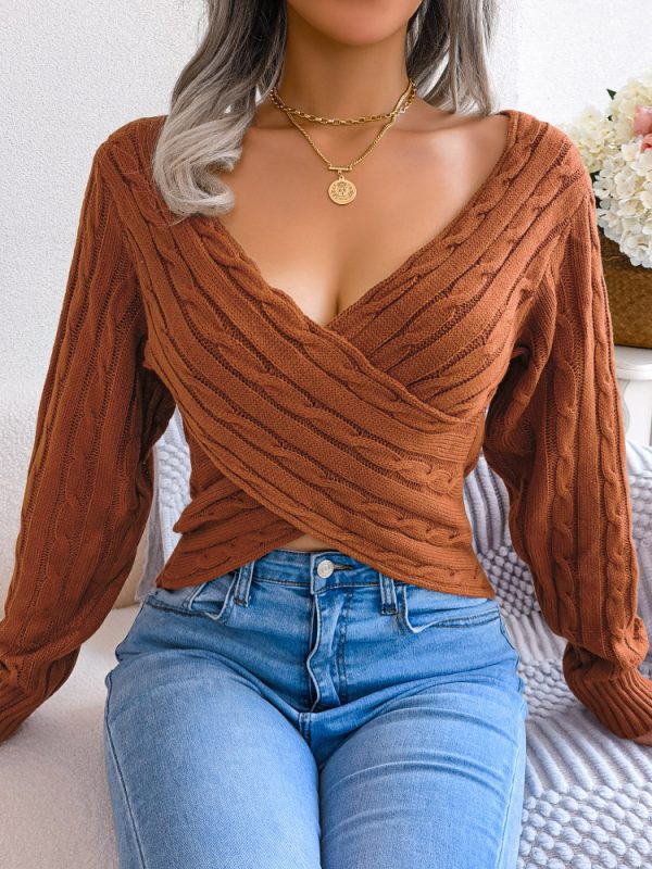 Sexy Criss Cross V neck Twist Long Sleeves Cropped Sweater in Sweaters