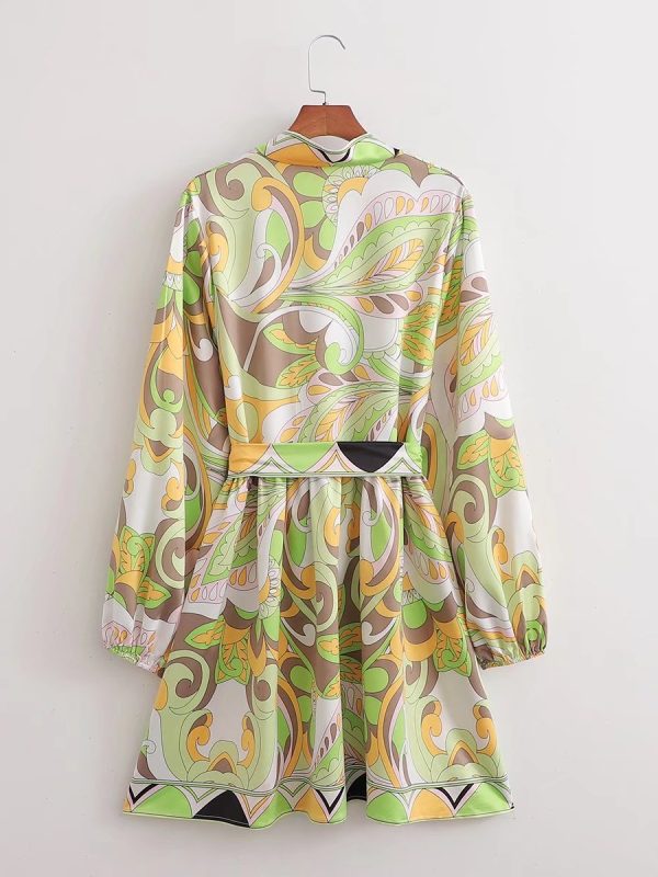 Sources Vintage Printed V neck Waist Controlled Long Sleeves Mid Length Dress in Dresses