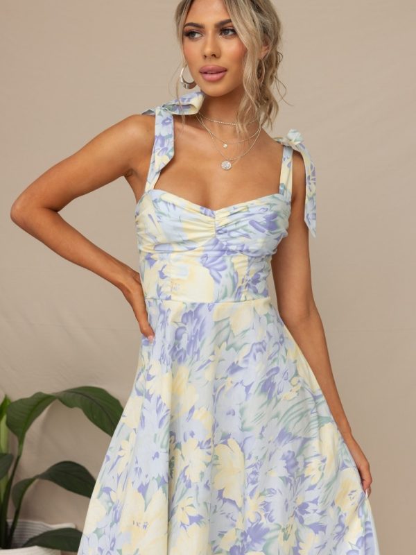 Personality Waist V Neck Strap Print Mid length Dress in Dresses