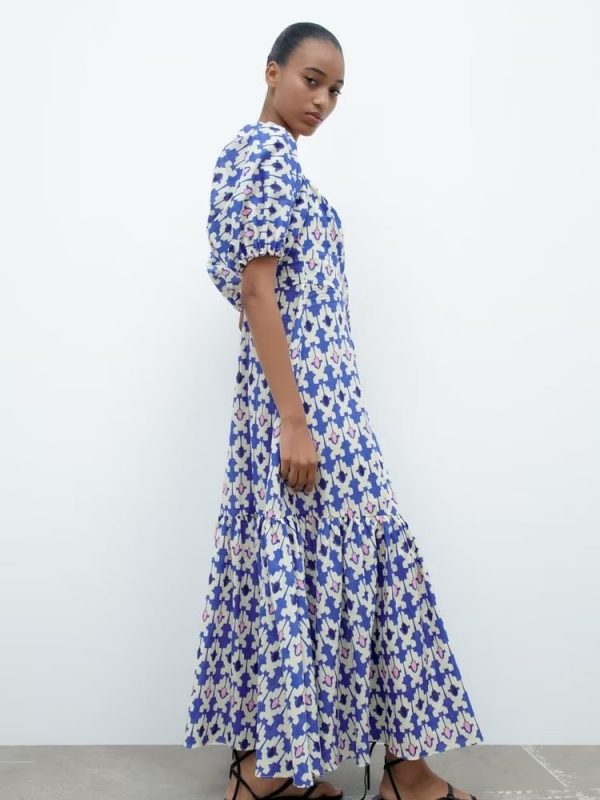 Printed Chest Lace up Back Smocking Midi Dress in Dresses