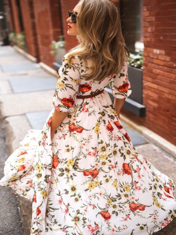 Printed Large Swing Elegant Chiffon Floral Slim Fitting Dress in Dresses