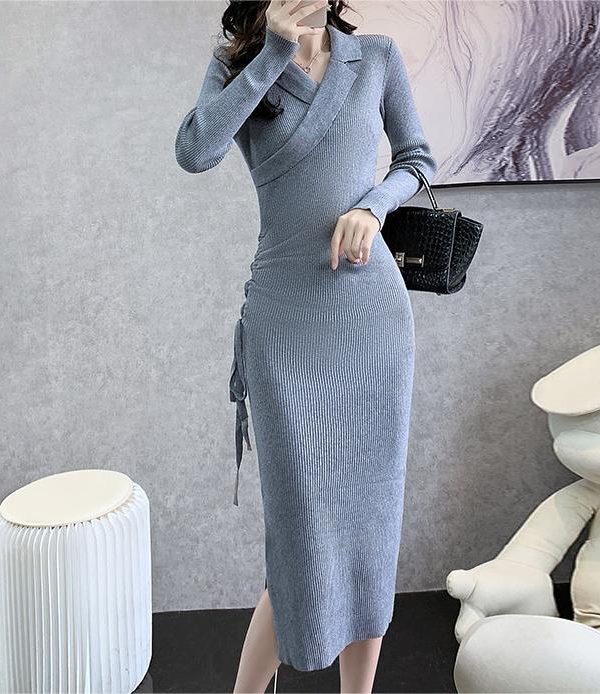 Elegant Collared Knitted Dress in Dresses