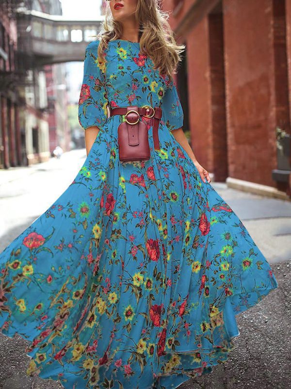 Printed Large Swing Elegant Chiffon Floral Slim Fitting Dress in Dresses