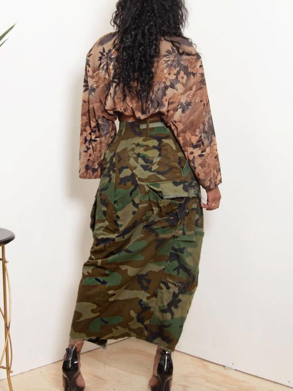 Camouflage Wash Pocket Slit Tassel Skirt in Skirts