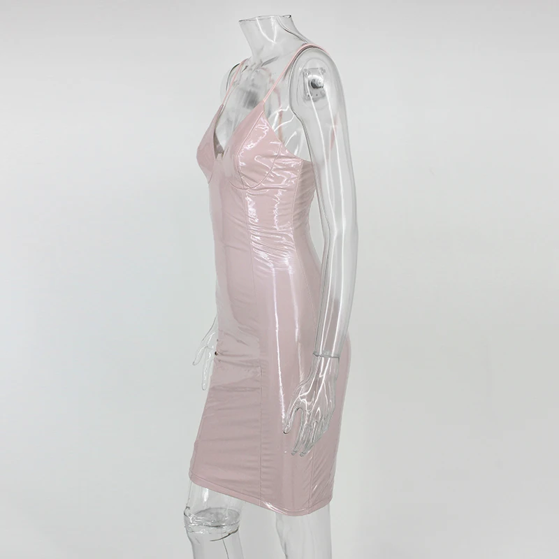 Black Pink Bodycon Zipper Latex Club Wear Mini Dress in Bodycon Dress