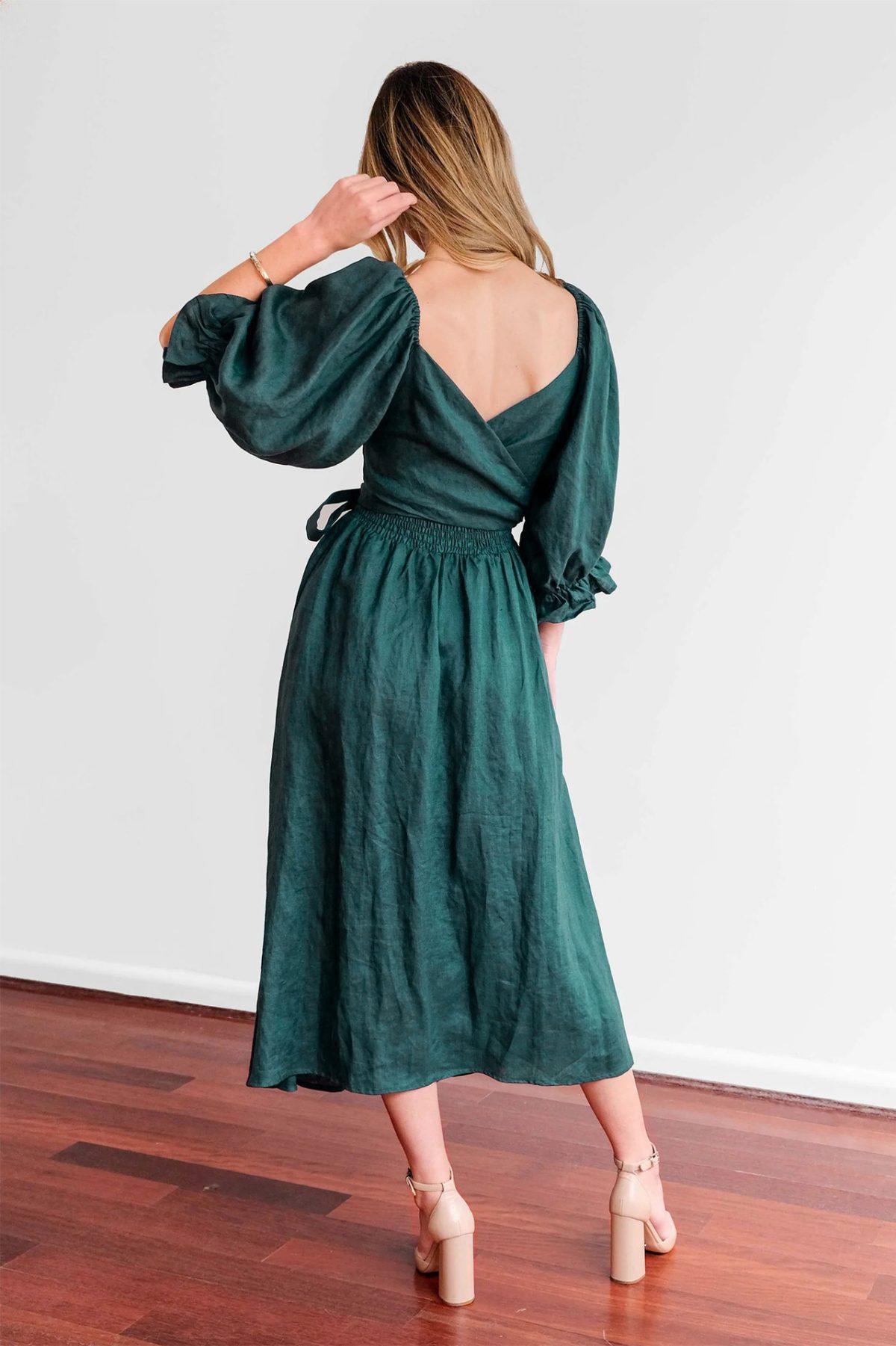French High Sense Rope Belt Ruffled Lantern Sleeves Emerald Dress in Cocktail Dresses