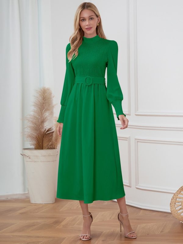 Solid Color Smocking Slim Fit Stand Collar Slimming Mid Length Dress in Dresses