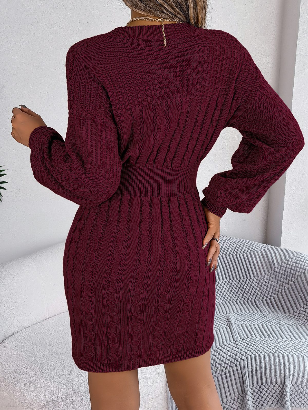 Solid Color Twist Hollow Out Cutout out Lantern Sleeve Package Hip Sweater Dress in Dresses