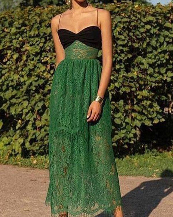 Sexy Suspenders Lace Green Hollow Out Cutout Holiday Mopping Maxi Dress in Dresses