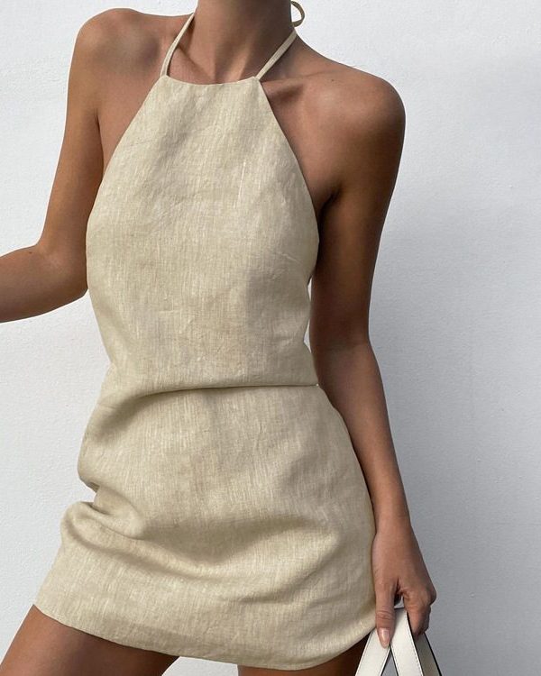 Cotton Linen Backless Sexy Halter Lace up A line Dress in Dresses