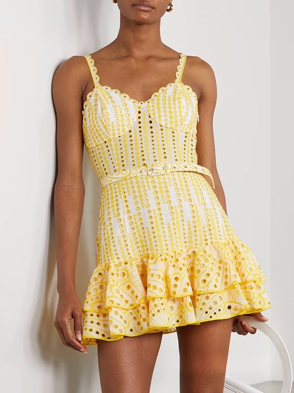 Summer Machine Embroidery Sexy Spaghetti Strap Ruffle Dress in Dresses
