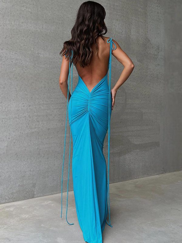 Solid Color Sexy Backless Pleated Long Elegant Slim Strap Dress in Dresses