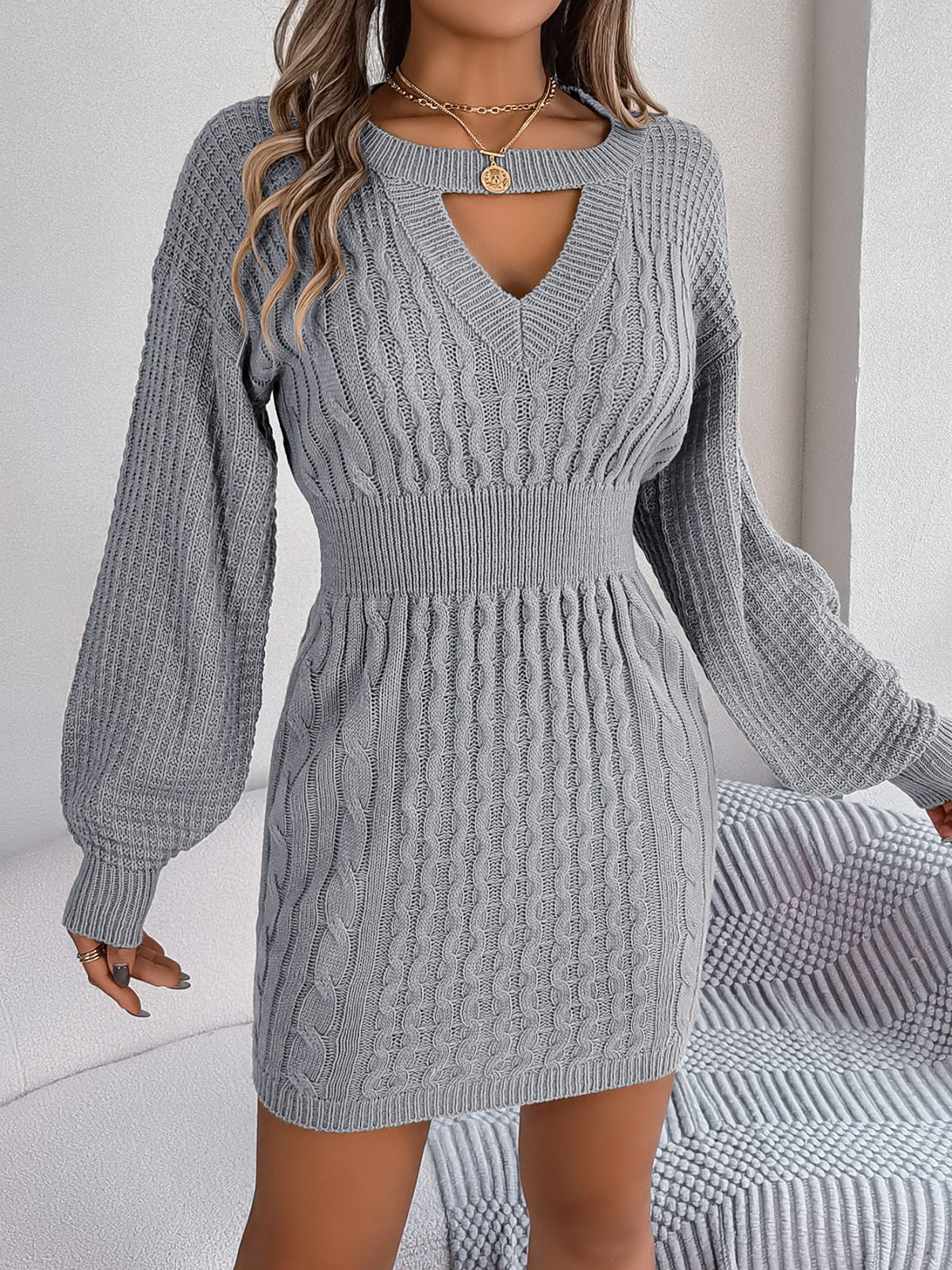 Solid Color Twist Hollow Out Cutout out Lantern Sleeve Package Hip Sweater Dress in Dresses