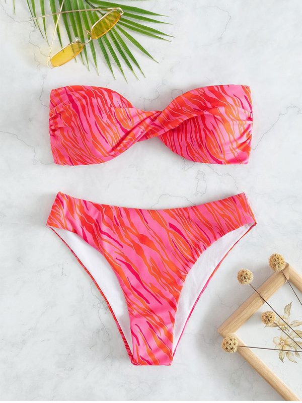 Printed Bandeau Sexy Backless Split Two Piece Suit Swimwear in Swimsuits
