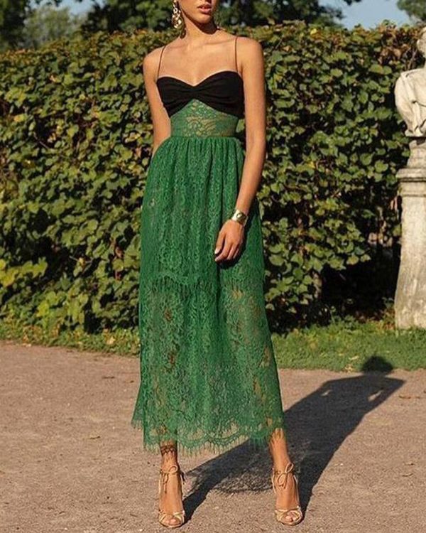 Sexy Suspenders Lace Green Hollow Out Cutout Holiday Mopping Maxi Dress in Dresses