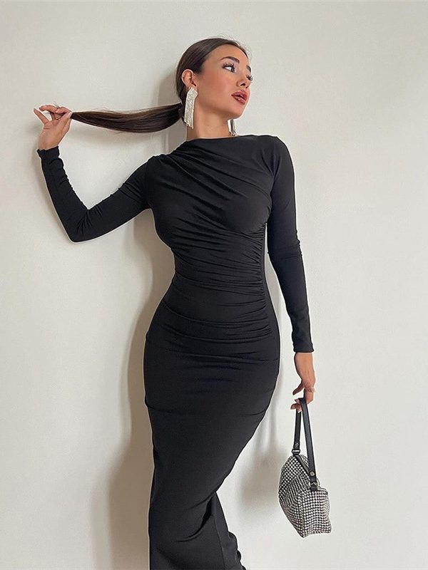 Round Neck Long Sleeve Slim Sheath Solid Color Dress in Dresses