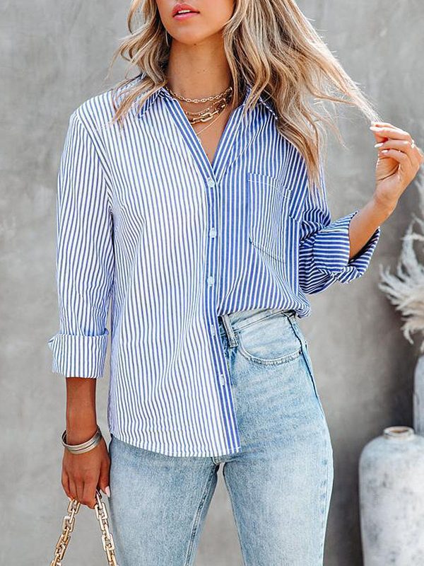 Striped Printing Color Contrast Long Sleeved Cardigan Single Breasted Shirt in Blouses & Shirts