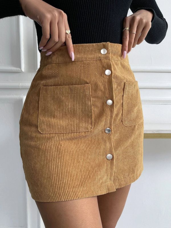 Corduroy Single Breasted Slim Fit Solid Hip Skirt in Skirts