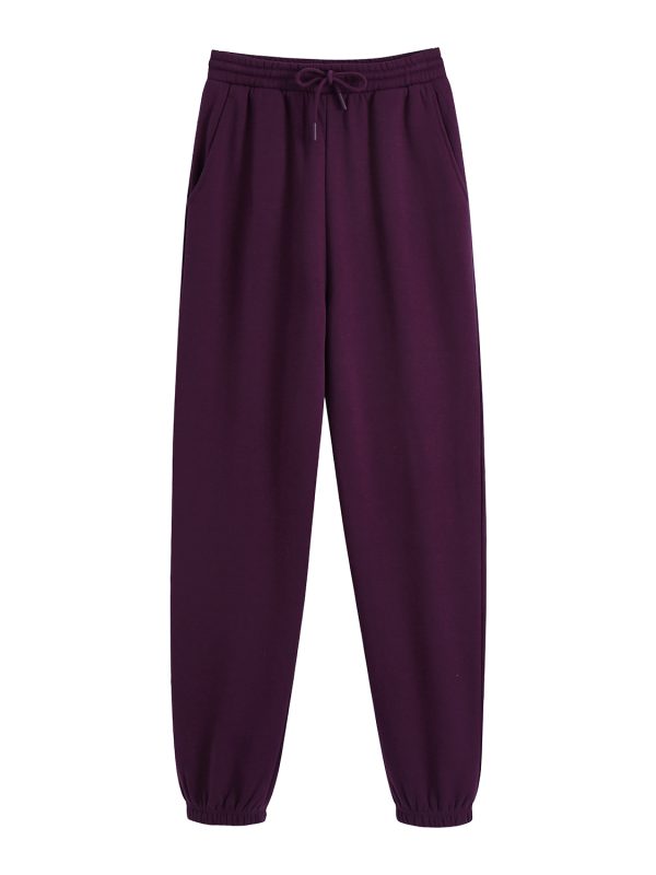 Purple Thick Pure Cotton Looped Fabric Elastic Waist Drawstring Knit Pants in Pants