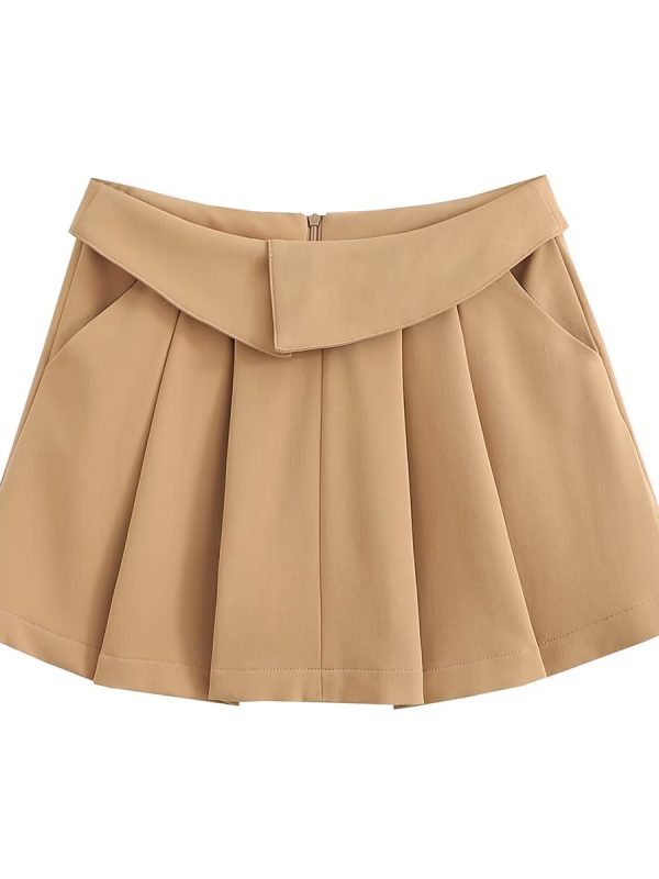 Turned Waist Wide Pleated Preppy Skirt in Skirts