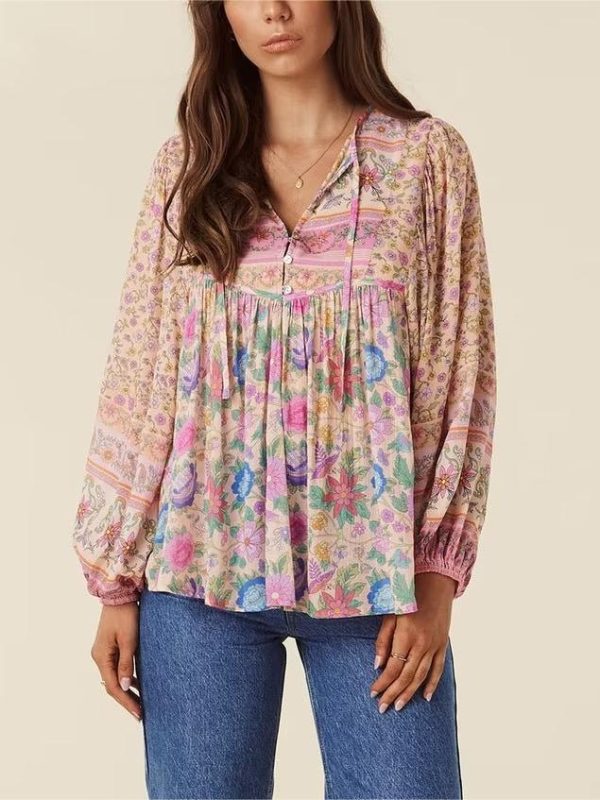 Printing Patchwork Ethnic Vacation Long Sleeve Shirt in Blouses & Shirts