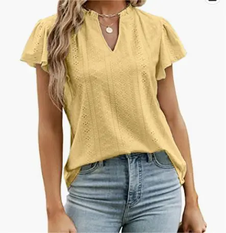 Double Layer Ruffled Cutout Out Long Short Sleeve Blouse in Blouses & Shirts