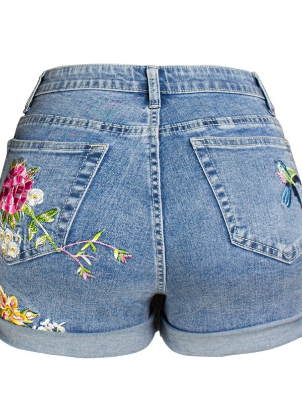 Wide Leg Stretch Embroidered Floral Denim Shorts in Shorts
