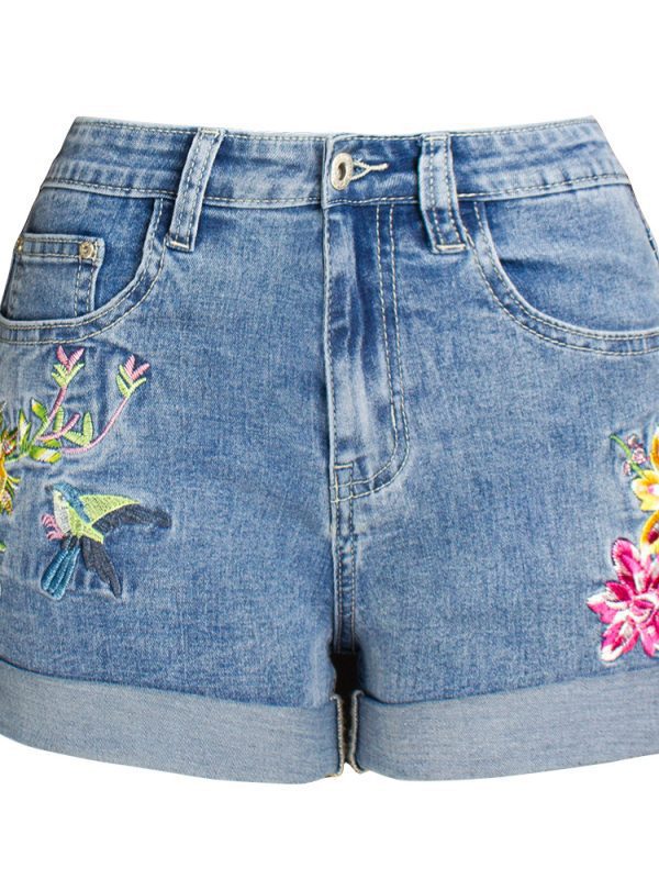 Wide Leg Stretch Embroidered Floral Denim Shorts in Shorts
