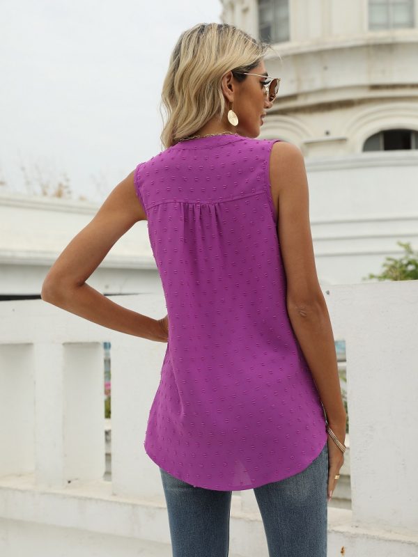 Solid Color Chiffon Shirt Loose V Neck Jacquard Sleeveless Top in T-shirts & Tops