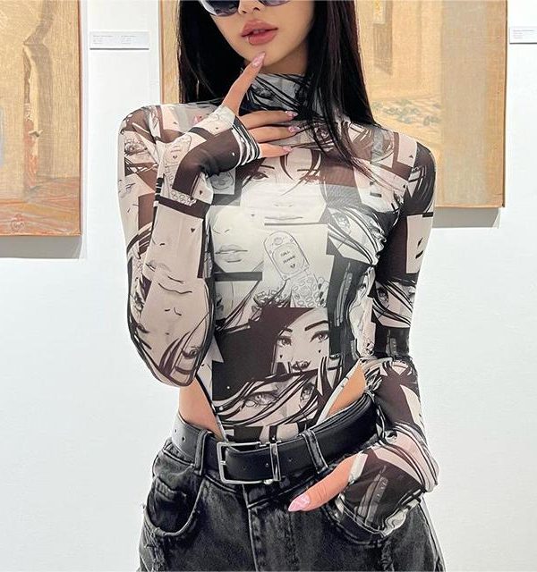 Street Cartoon Characters Printed Turtleneck Grenadine Stretch Tight Long Sleeve Bottoming Bodysuit in Bodysuits