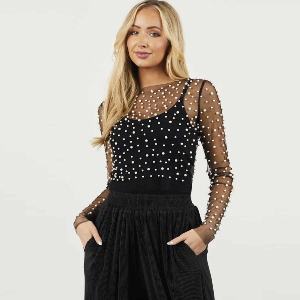 Bubble Beads Sheer Mesh Long Sleeved Top in T-shirts & Tops
