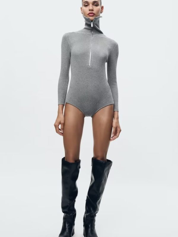 Zipper Knitted Bodysuit in Bodysuits